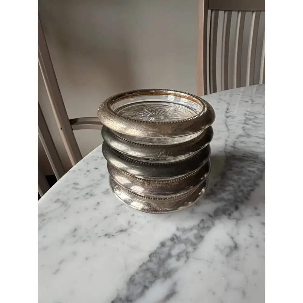 Set of 5 Leonard Silver Plated Glass Coaster Starburst Pattern Round Stackable